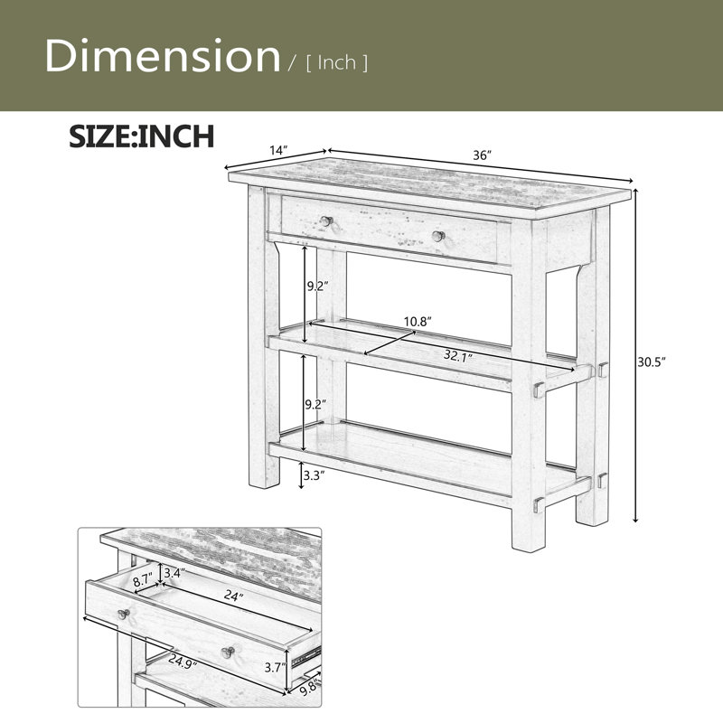 Table d'entrée avec rangement, console rétro avec tiroir et deux tablettes robustes pour l'entrée