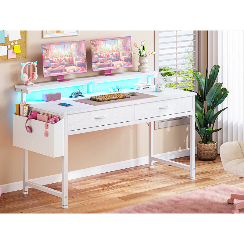 Petit bureau d'ordinateur avec 2 tiroirs et lumières DEL, bureaux à domicile avec poche latérale et support pour écran, Blanc