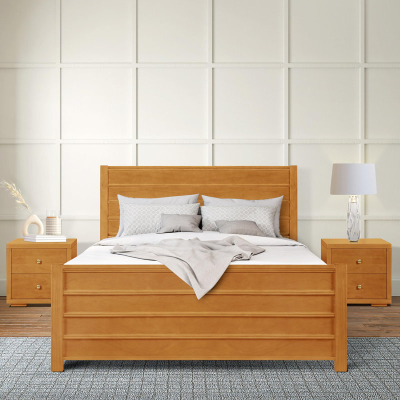 Caroline Platform 3 Piece Bedroom Set with Paneled Headboard and Footboard, Queen, Oak