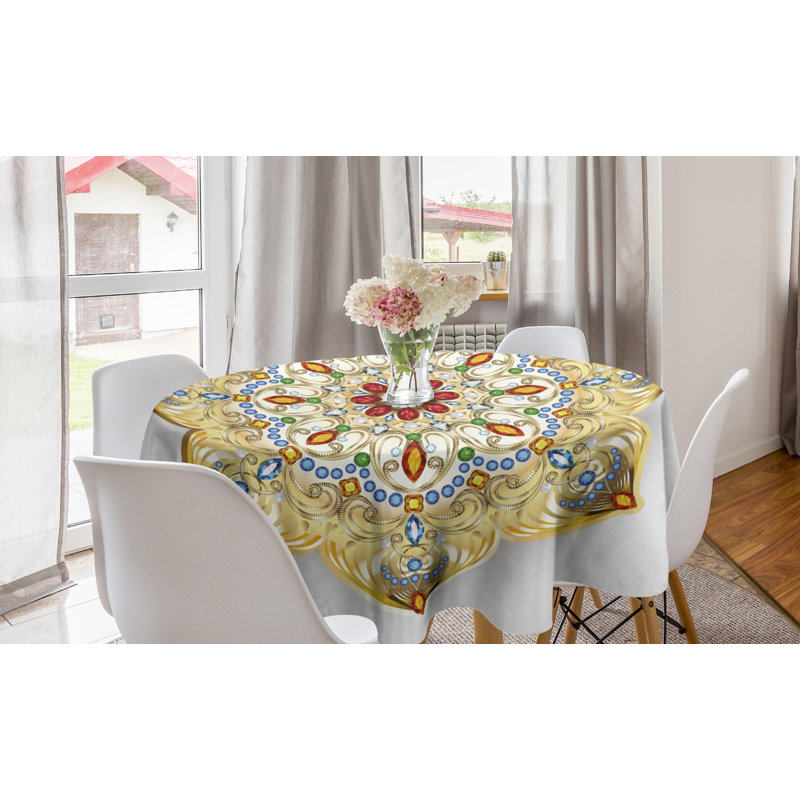 Ambesonne Mandala Round Tablecloth, Brooch Inspired Design Mandala Geometric Vintage Design Lively Digital Print, Circle Table Cloth Cover For Dining Room Kitchen Decoration, 60", Multicolor