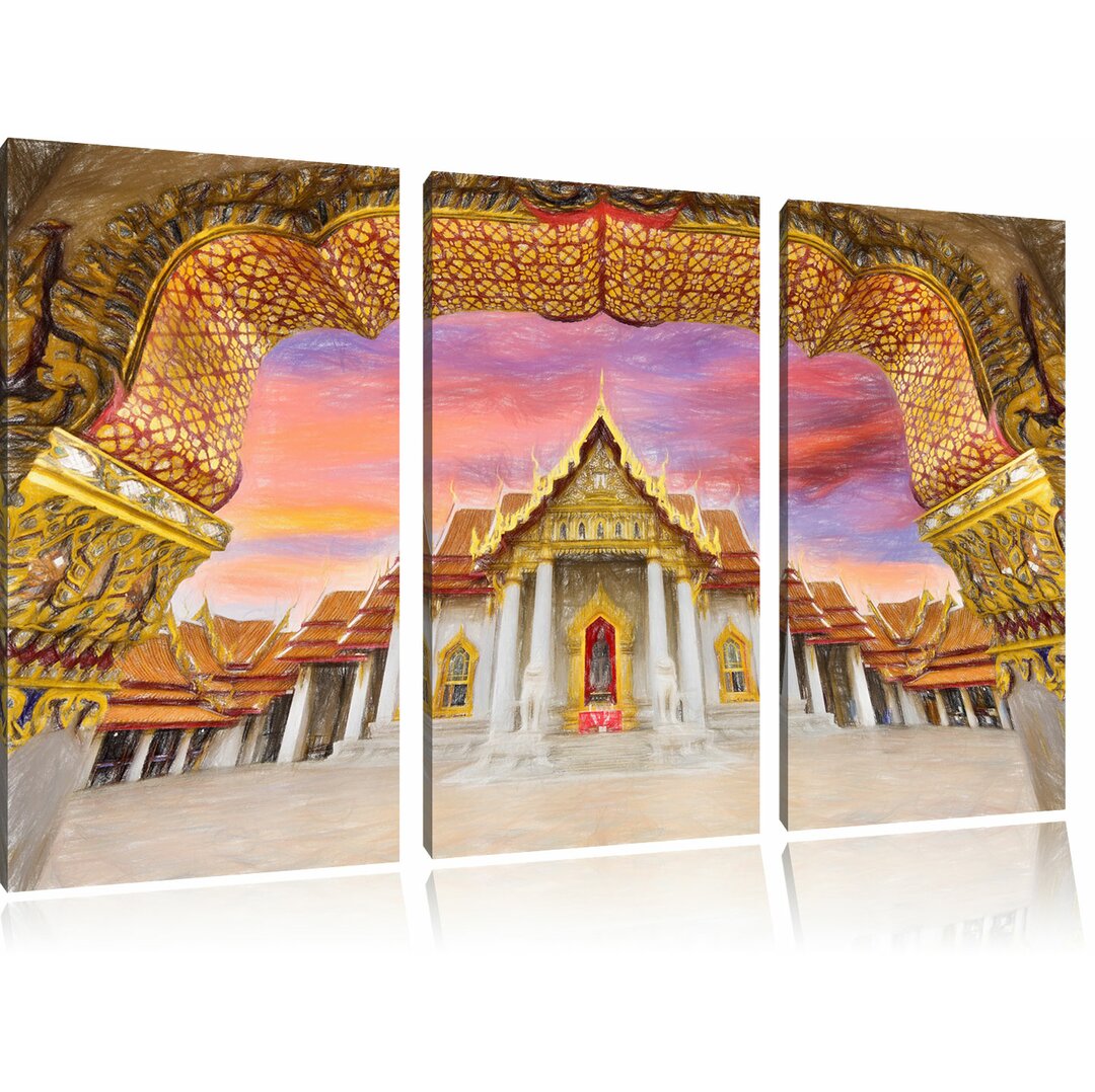 3-tlg. Leinwandbilder-Set „Marmortempel von Bangkok“, Grafikdruck