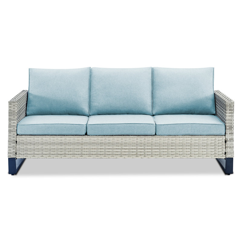 Ingvald 74.4'' Wide Outdoor Rectangle Patio Sofa with Cushions, Baby Blue/Light Gray