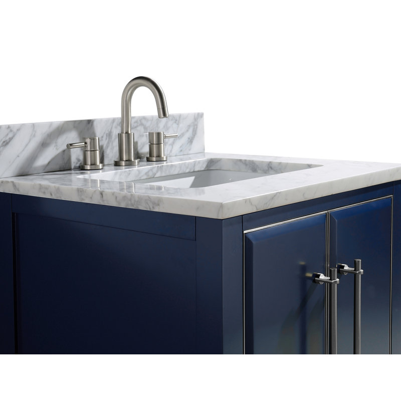 Mason 24" Single Bathroom Vanity with Carrara Marble Top, Navy Blue, Brushed Silver, Carrara White