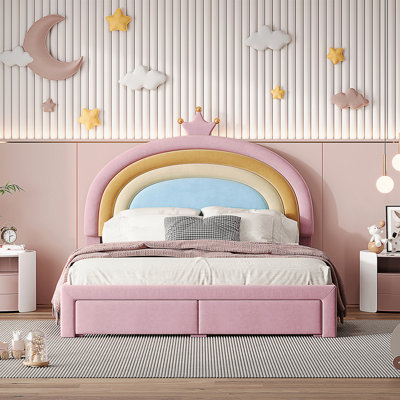 Full Size Upholstered Rainbow Design Bed, Velvet Princess Platform Bed With Storage Drawer, No Box-Spring Needed