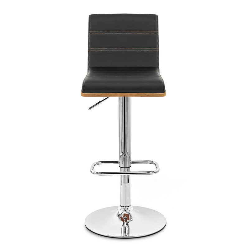 Mcmillon Swivel Adjustable Height Bar Stool with Pedestal Base in Faux Leather, Chrome, Walnut Wood, Black