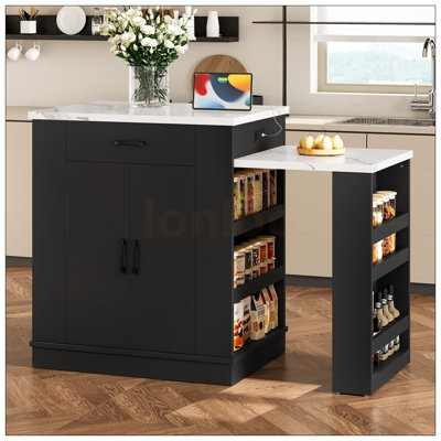 Extendable Island Console With Drawers, Double-Door Cabinet, And Open Shelving For Dining And Kitchen Use