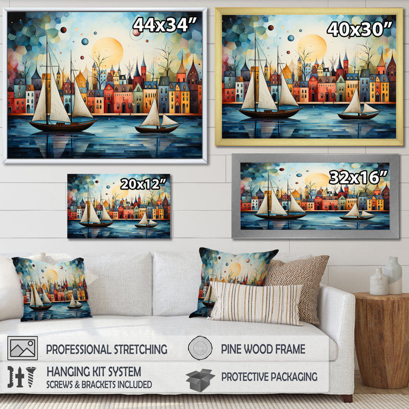 Muirfield Boat Whimsical Sailings II sur impression sur toile, H 16 po x l 32 po x P 1 po, Cadre flottant blanc