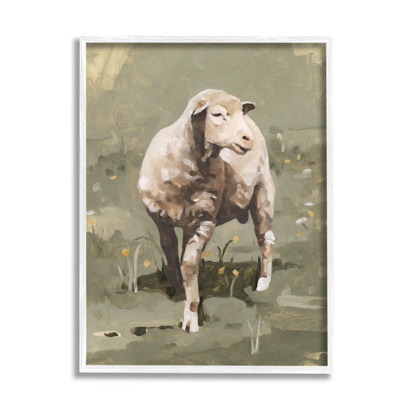 Impressionistic Spring Sheep Grazing Canvas Print with Gray Frame