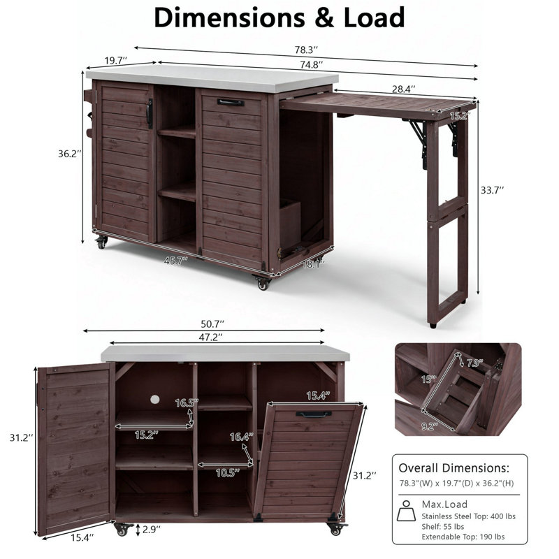 Armoire décorative avec plateau en acier inoxydable, îlot de cuisine extérieur avec table de barbecue pliable