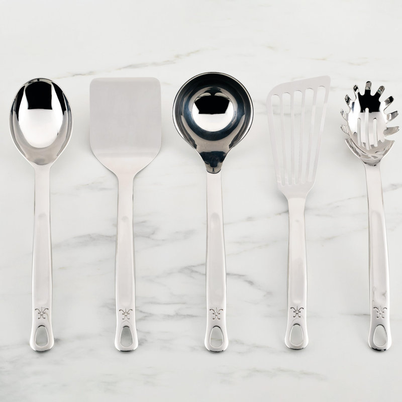 Hestan Provisions 5Pc Essential Tool Set: Stainless Steel Solid Spoon, Ladle, Pasta Fork, Turner/Spatula, Fish Spatula
