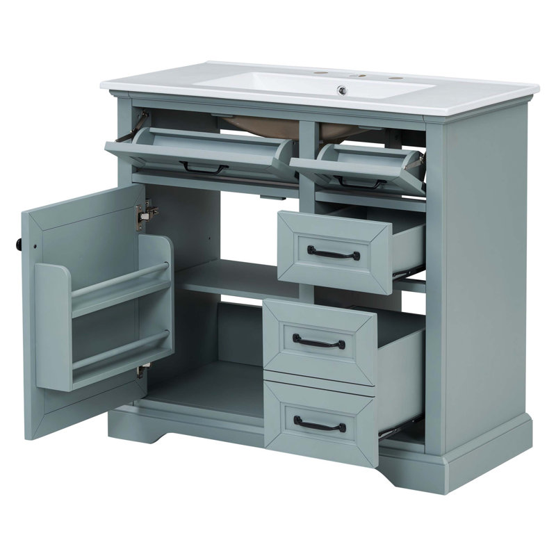 Bathroom Vanity Cabinet With Tip Out Drawers And Soft Closing Hinges, Matched With Ceramic Basin