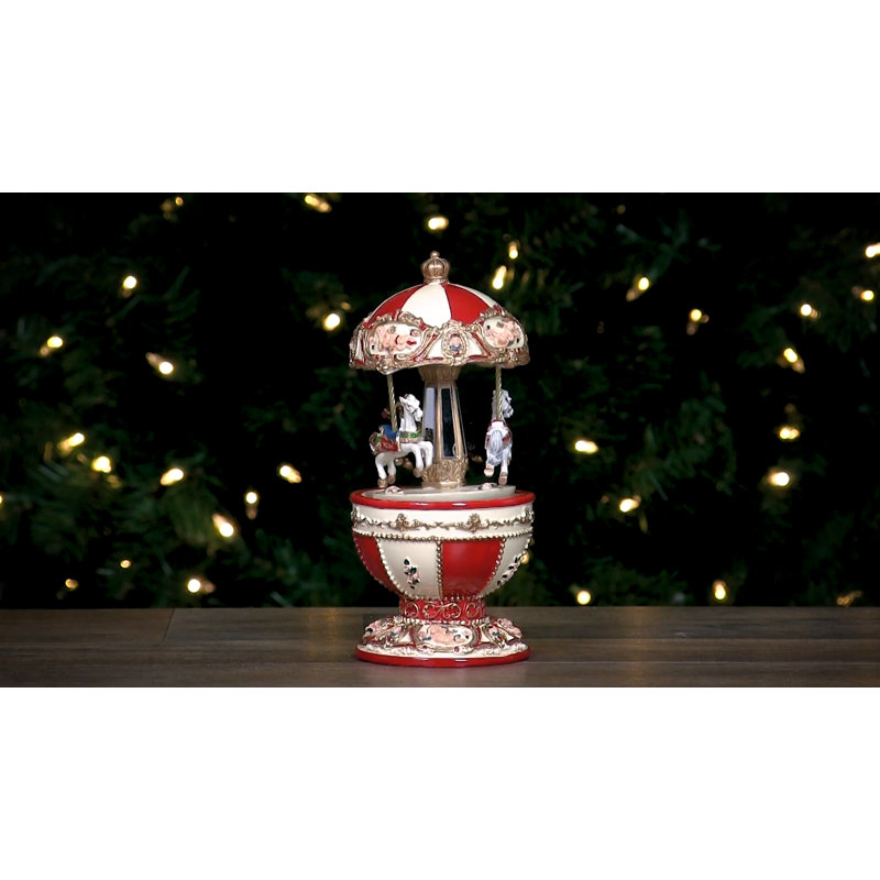 Ivory and Red Resin 7.25" Musical Horse Carousel