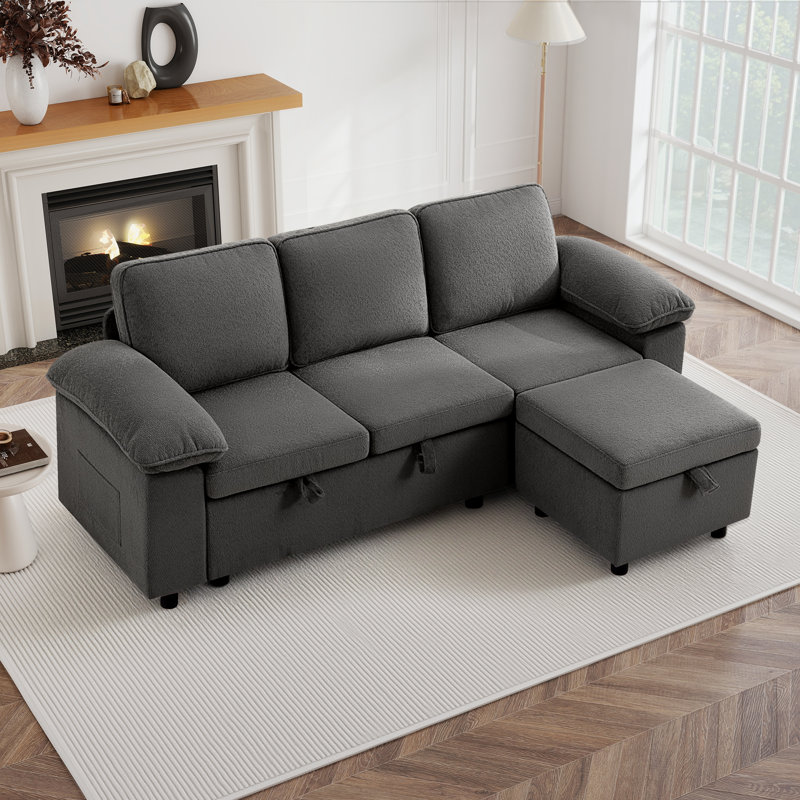 Waldorf 91.7" 3-Seat Sectional Sofa with Ottoman and Built-In Storage, Gray