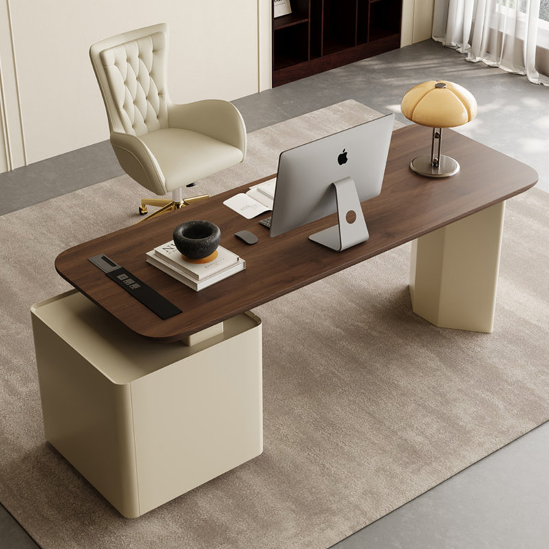White + Nut-brown Rectangular Manufactured Wood desk, Right Hand Facing, 29.53" H x 78.74" W x 27.56" D