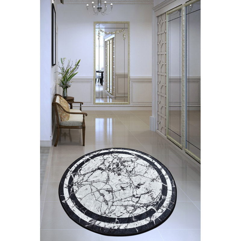Stylish Round Area Rug, 39.4 in Diameter, 100% Polyester, 0.4 in Pile Height | Antibacterial, Non-Slip Underside, Machine Washable | Elegant Black & White Design for Living Room, Bedroom, or Office Decor