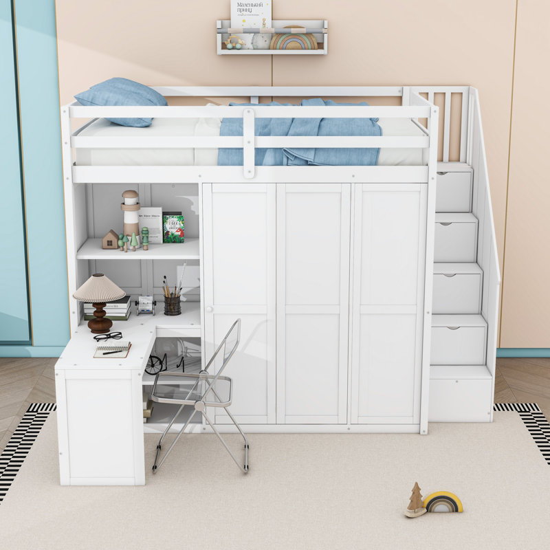 Lit mezzanine double en bois avec espace de travail intégré et garde-robe, Blanc