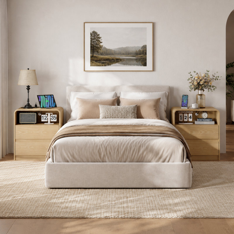 Nola Modern Nightstand with Charging Station and Open Shelf & 2 Drawers,Curved Edges, End Table for Bedroom,living Room