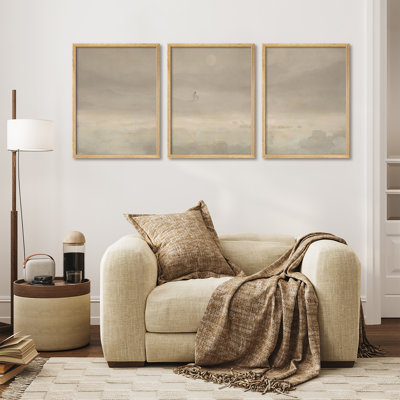 Minimalist Foggy Landscape 3 Piece Framed Wall Art Set - Neutral Pastel Mountain Prints for Bedroom or Living Room Decor