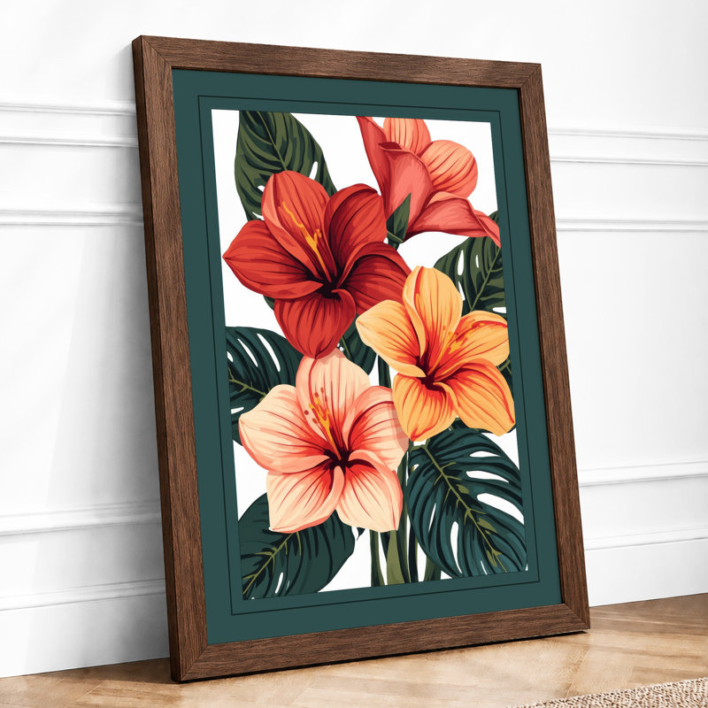 Hibiscus Cluster Botanical - Framed Print, Walnut, A4 - 29.7 x 21.0 cm