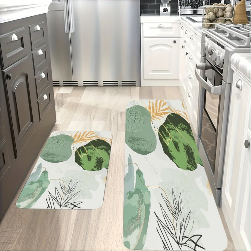 Tapis de cuisine vert, beige et abstrait, 2 pièces, pour la cuisine et le salon