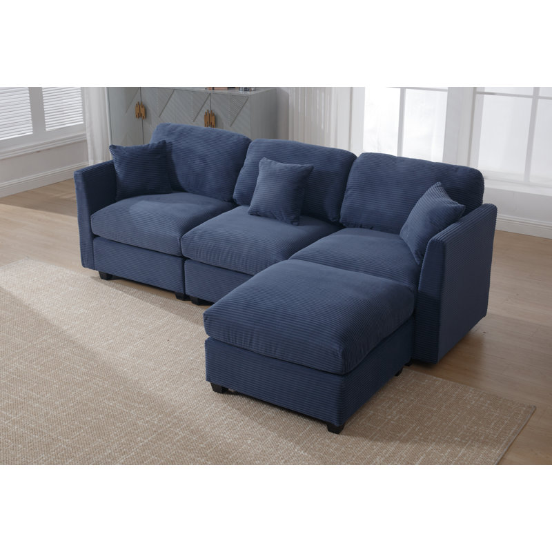 Bustamante 4-seats L-shape Sofa Couch With Ottoman, Dark Blue