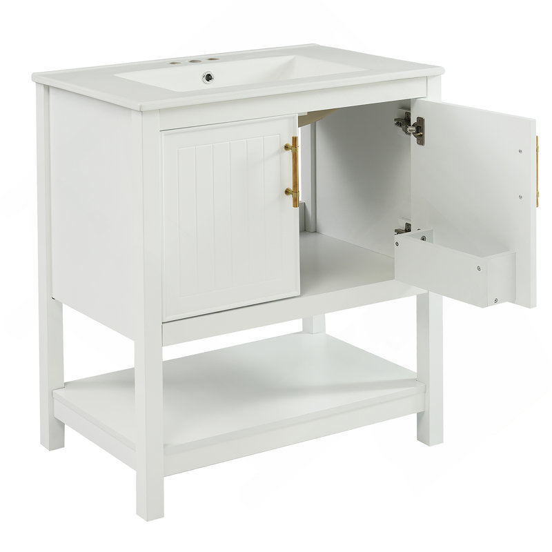 Meuble-lavabo de salle de bain avec lavabo en céramique et rangement polyvalent, Blanc