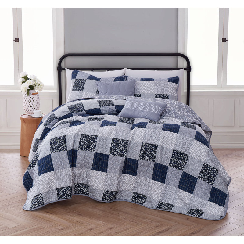 Ensemble de courtepointe réversible Evangeline, Courtepointe simple, 2 taies décoratives et 2 cou, Gris