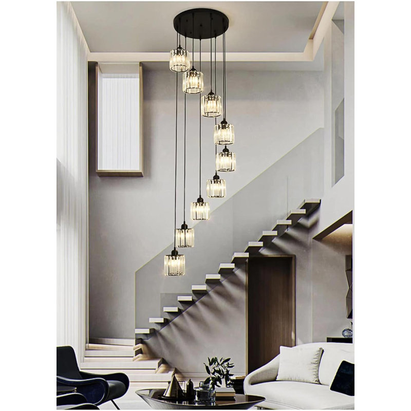 Lustre moderne en cristal pour plafonds hauts, luminaire suspendu réglable avec abat-jour en cristal K9, convenant au vestibule, à l'escalier et au salon
