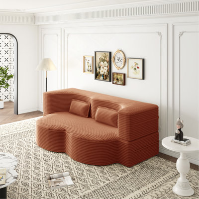 15" Full Size Folding Mattress for Living Room, Modern Floor Sofa featuring 2 Pillows, Convertible Plush Corduroy Foam-Filled Sleeper Sofa Bed,Guest Bed, no assembly required