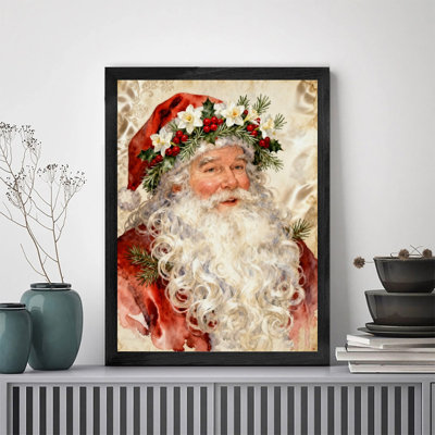 Black Framed Vintage Watercolor Santa Claus Wall Art - Festive Floral Christmas Wall Decor with Retro Aesthetic Style Framed Prints