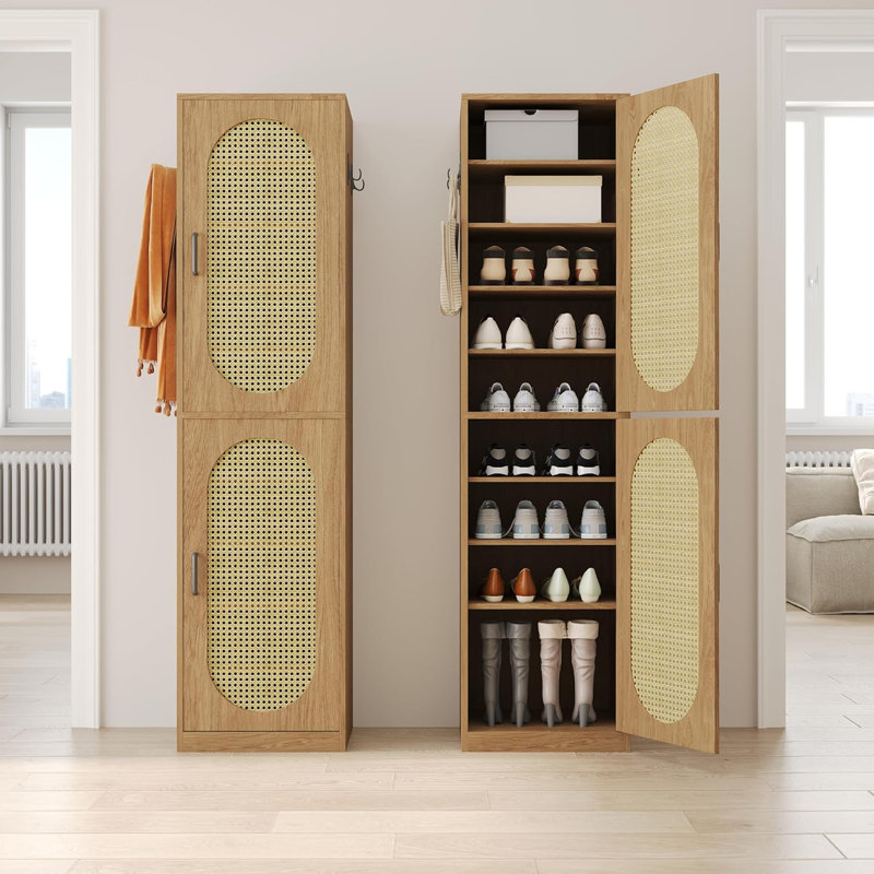 66 Inch Tall Shoe Storage Cabinet With Rattan Door And Adjustable Shelves, 20 Pairs Narrow Floor Shoe Cabinets With 4 Hooks