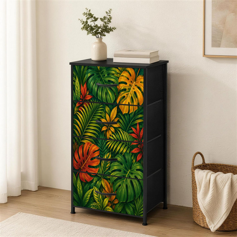 4-Drawer Dresser for Bedroom Tropical Leaf Green Red Orange Foliage Small Tall Clothes Dresser for Closet Organizers with Chest of Drawers Fabric Storage Bins Dressers