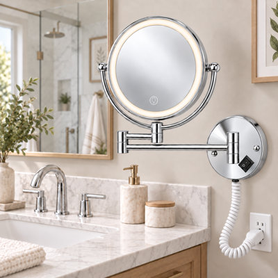 Miroir de maquillage rond à fixation murale à DEL avec grossissement 1 / 10X, 3 modes de couleur et bras pliant, chrome