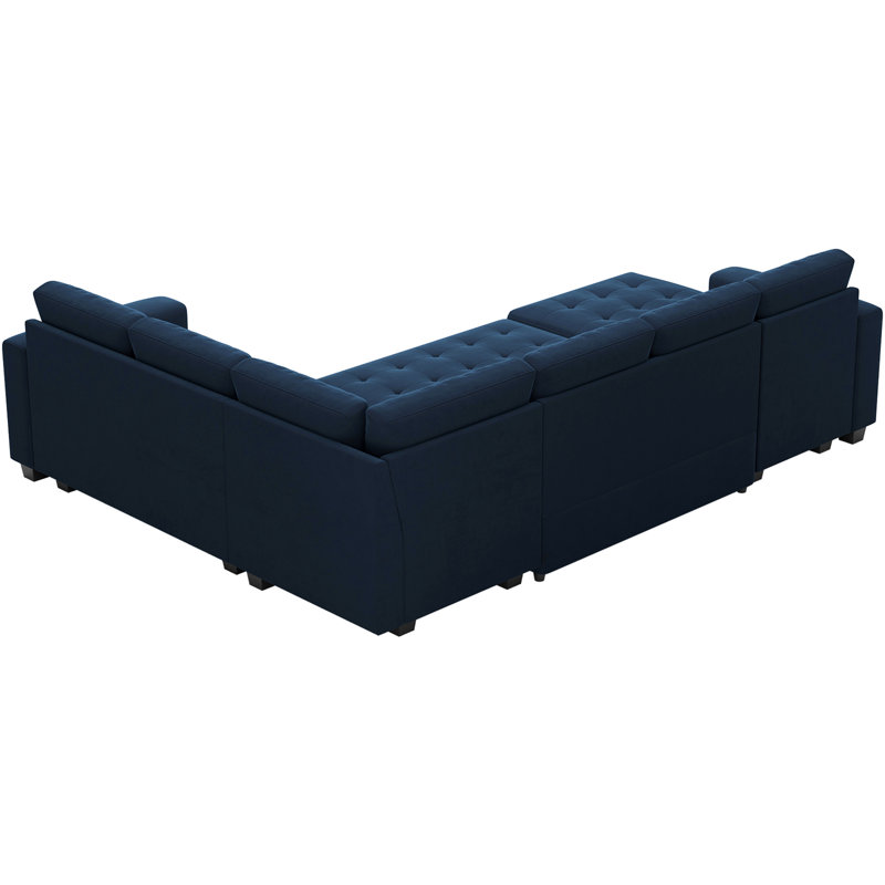 Shavera Velvet L Shaped Sectional Sofa Bed Sleeper Couch With Storage Ottoman, Blue Velvet