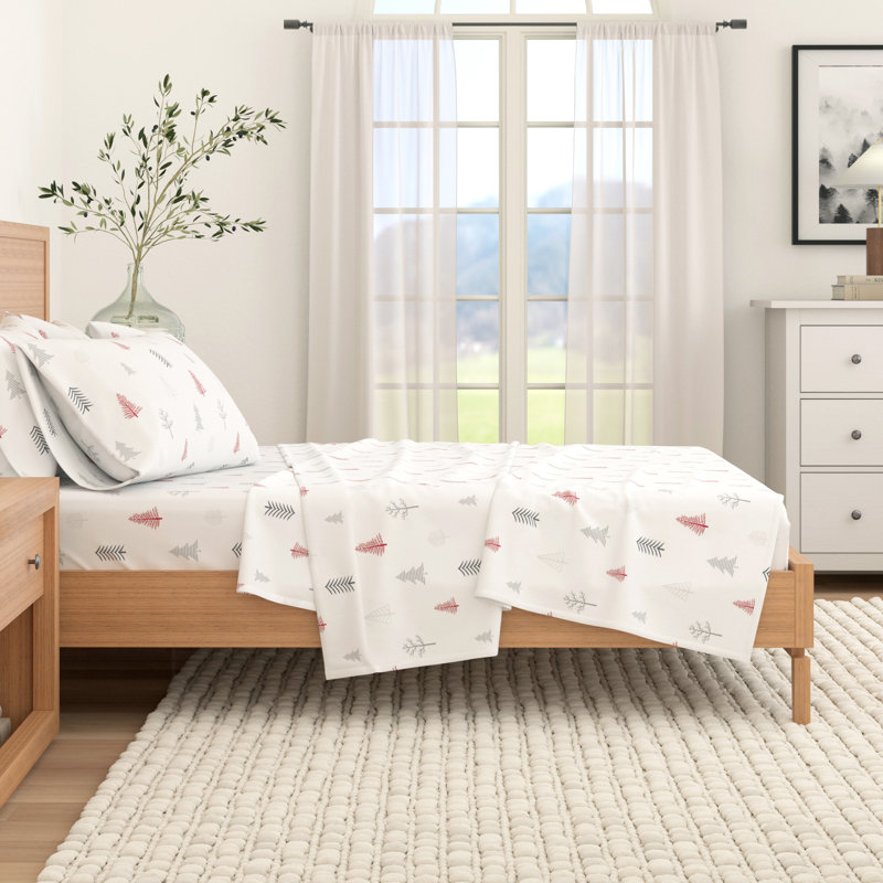 Winter Trees Red and Gray Cotton Flannel King Sheet Set