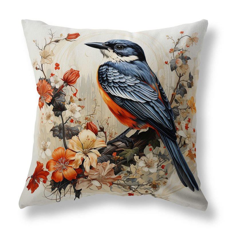 Coussin décoratif réversible Feathered Floralscapes, Bleu/orange, H 16 po x l 16 po