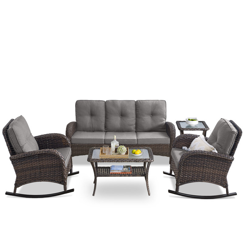 Ensemble de conversation avec canapé en osier pour 5 personnes Gaetanino, Gris, Brun