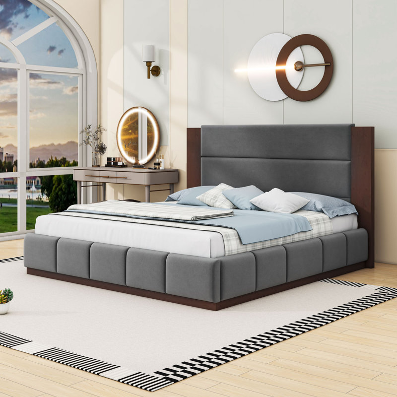 Base de lit plateforme avec tête de lit allongée, Gris, Très grand lit