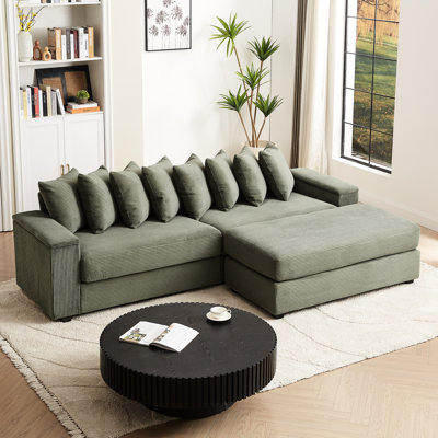 Graceful 3 - Seat Corduroy L Shaped With 8 Pillows, Double Armrest Storage Areas, 52'' Oversized Chaise, Movable , Contemporary Minimalist Design For Bedroom Alluring Sectional Space, Wide Removable