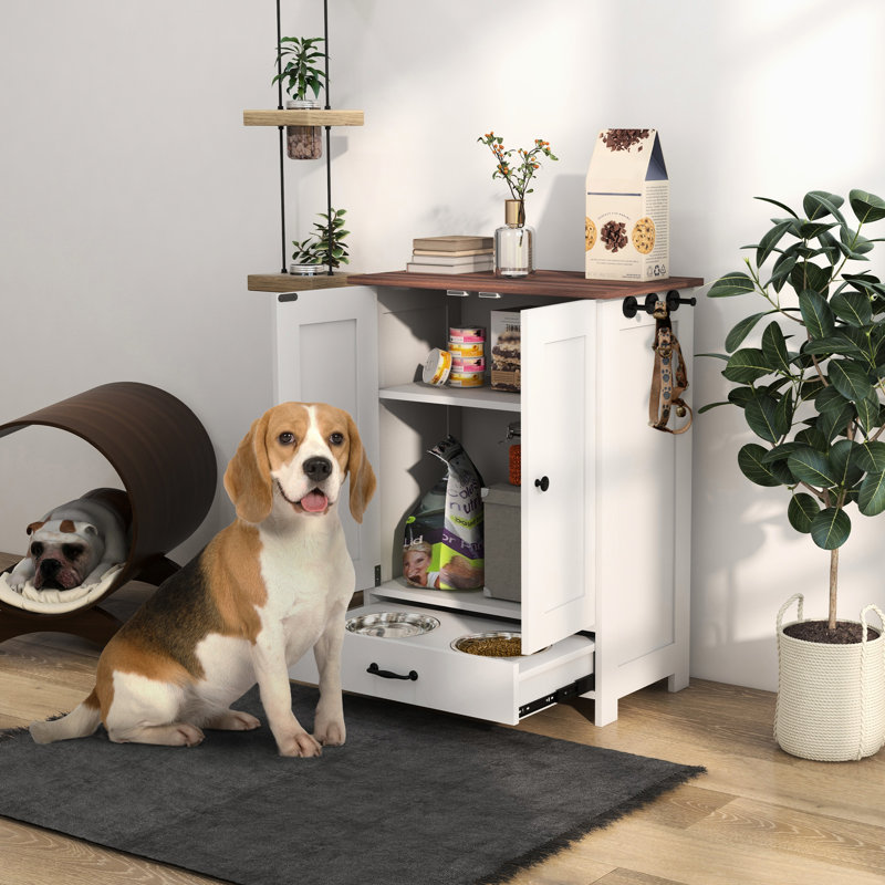 Station d'alimentation pour chien avec vaisselle cachée, réglable, crochets, pour chiens de taille moyenne, vaisselle blanche pour installation, panneau réglable, crochets pour animaux de compagnie
