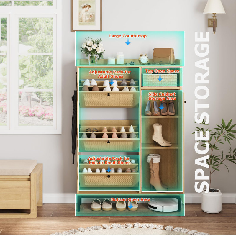Shoe Cabinet Rattan with 3 Flip Drawers and 4-Tier Shoe Storage Cabinet, Oak