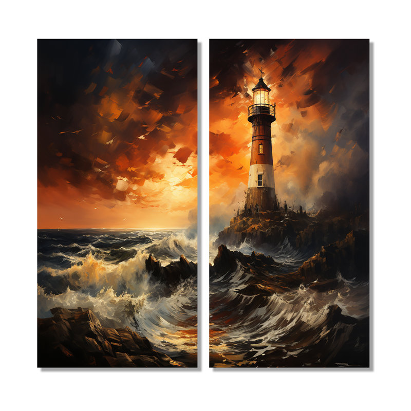 Danemark - phare lumineux - ensemble d'art mural orange - 2, 32" H x 32" W, Wrapped Canvas, Does Not Apply
