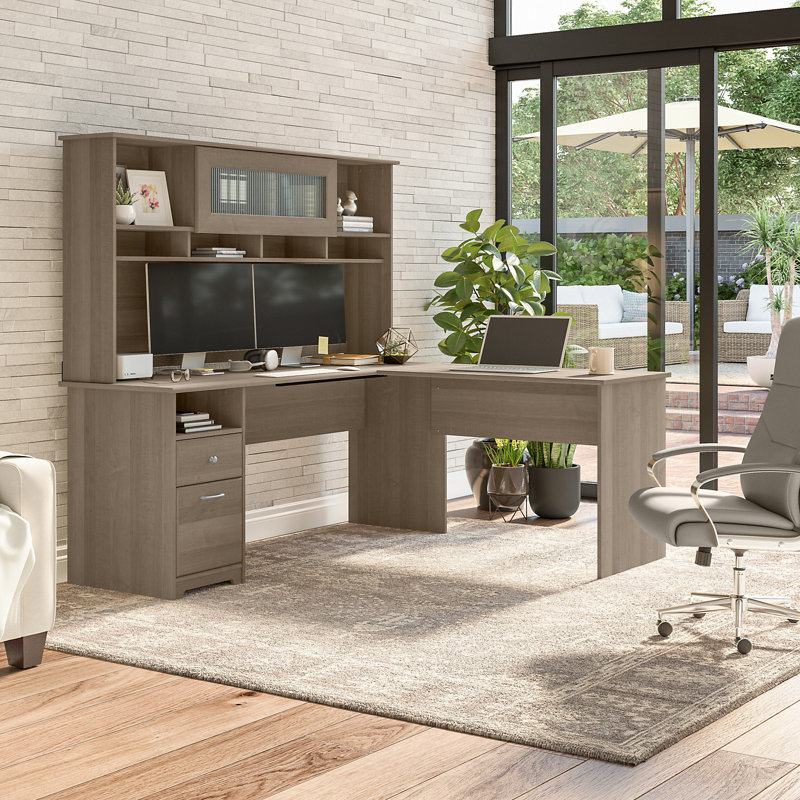 Bureau de direction en L avec huche Ovia, Gris moderne, 66" H x 60" W x 59.45" D