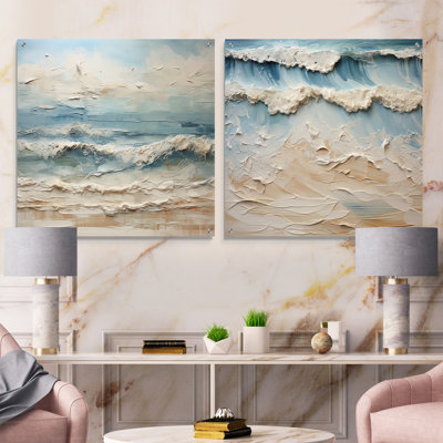 Beige et bleu "Coastal Beach", ensemble de 2 peintures murales en acrylique
