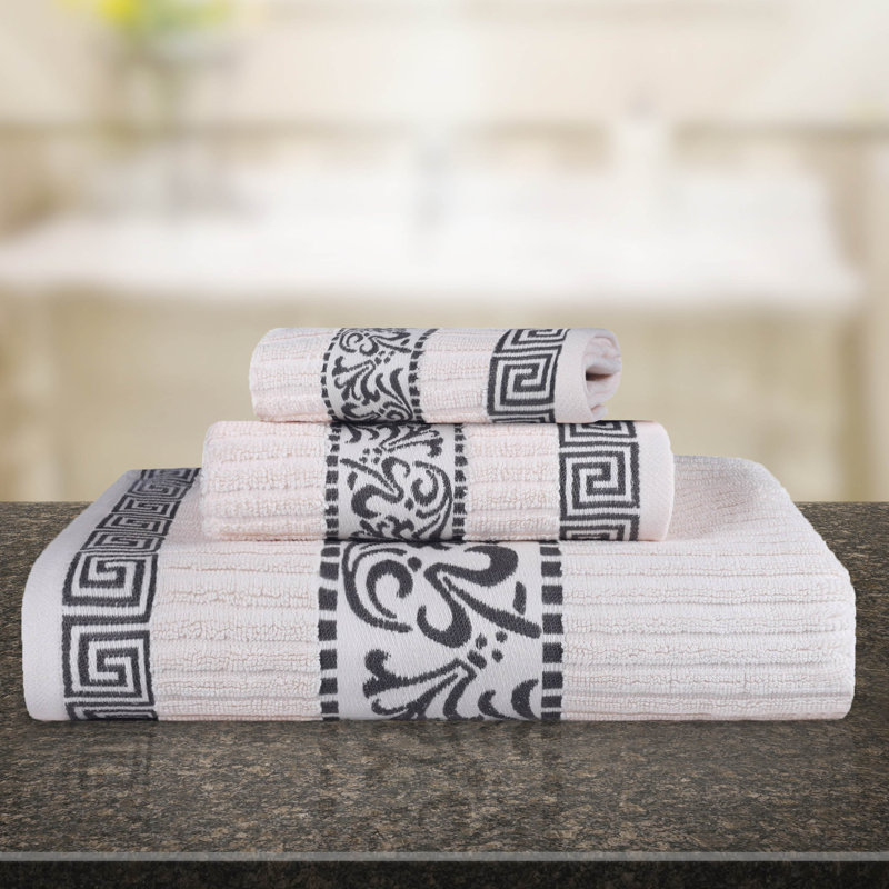 Jiro Athens 100% Cotton Medium Weight Floral Border Assorted Towel Set, Ivory/Gray