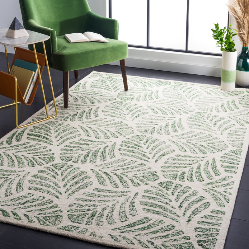 Rachell Avalyn Floral Handmade Tufted Wool Area Rug in Ivory / Green, Rectangle 5' x 8'