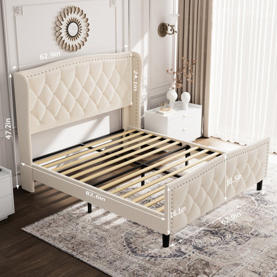 Structure de lit moderne en velours pour grand lit - plateforme rembourrée avec tête de lit à oreilles chic, sans bruit, sans sommier tapissier, voie d'assemblage simple (tissu de taille, ressort nécessaire, facile (blanc