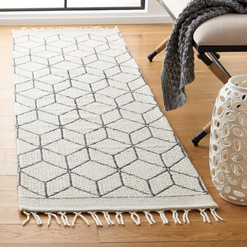 Datari Hand Loomed Nz Wool/Cotton Geometric Rug in Gray/Ivory, Runner 2'3" x 8'