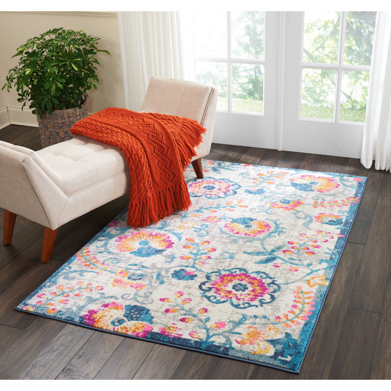Tapis à motif floral ivoire / orange / bleu Verda, Rectangle 3 pi 9 po x 5 pi 9 po