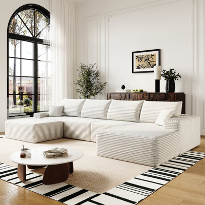 Canapé modulaire en velours côtelé blanc à 5 places de 135 po en forme de U, pour un salon élégant, aucun assemblage requis